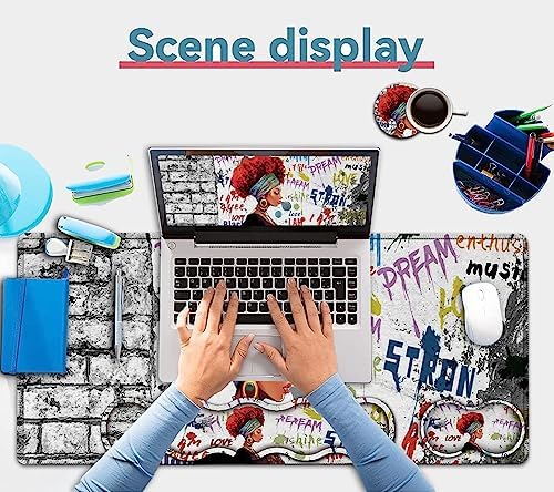 African Black Woman Graffiti Girls Desk Mat, Extended White Laptop Table Protector, Ergonomic Mouse Pad with Keyboard Wrist Rest Support - Image 7