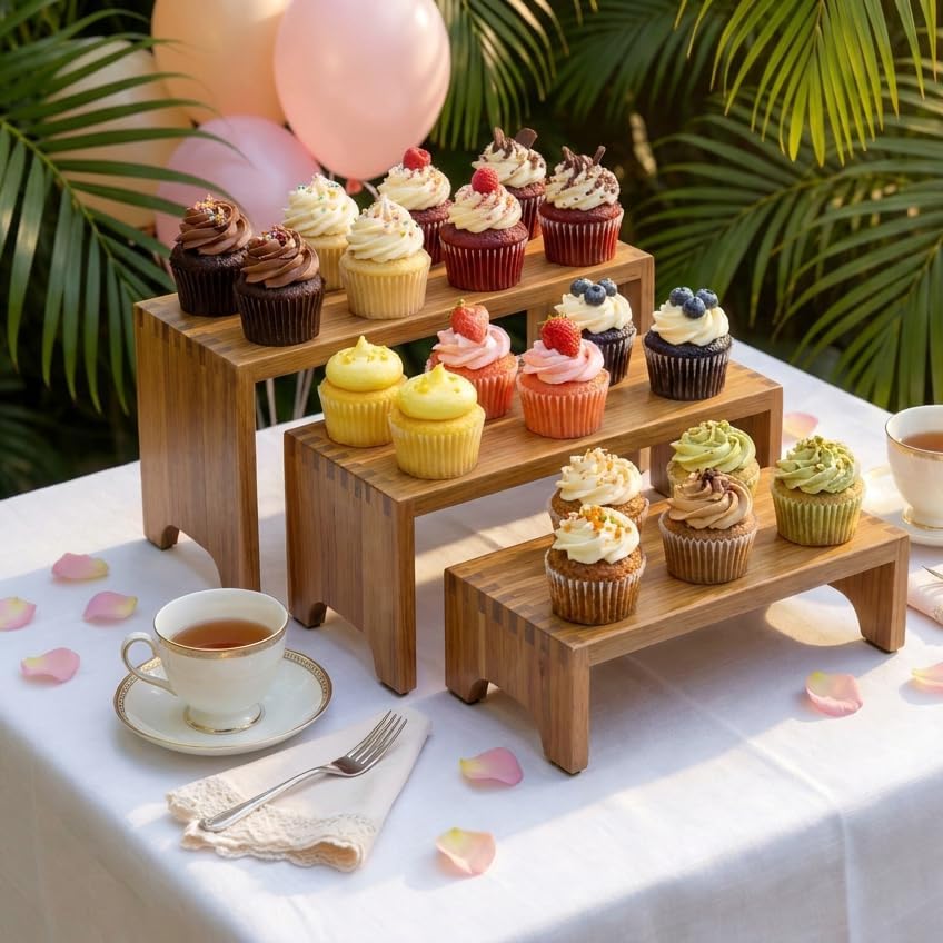 ZUJJAFY Set of 3, Acacia Wood Risers Display Stands, Cupcake Stand Decorative Display Risers for Food Desserts, Tiered Wooden Riser Display Stands for Vendor Events, Party, Wedding - Image 2