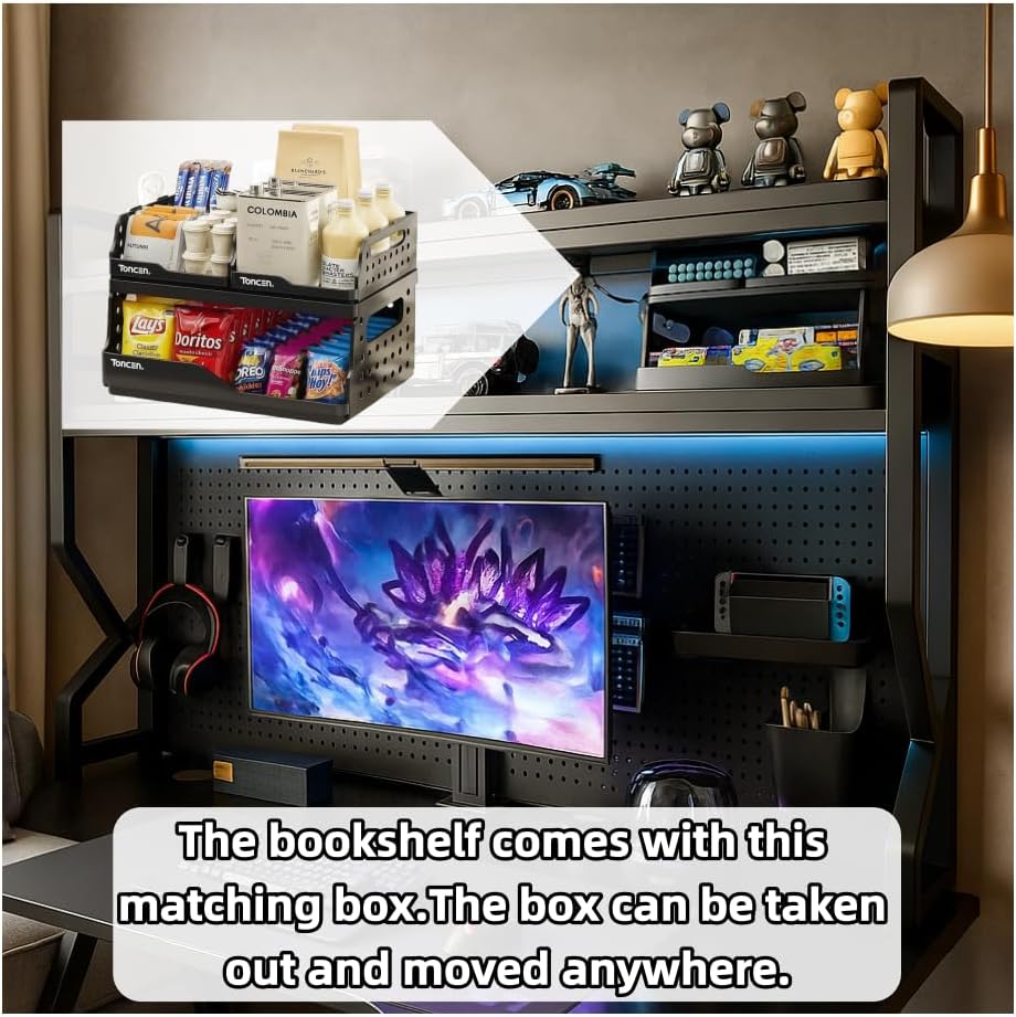 Desktop Hutch Bookshelf,Many Gifts,Metal Desktop Bookcase with pegboard, Desk Shelf Black, Countertop Storage Organizer Rack for Dorm or Office,Desktop Shelves(Black, 37.4" Lx9.9 Wx39 H) - Image 3