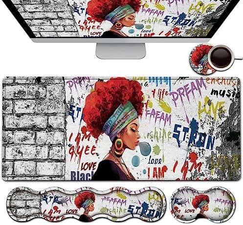 African Black Woman Graffiti Girls Desk Mat, Extended White Laptop Table Protector, Ergonomic Mouse Pad with Keyboard Wrist Rest Support by FDHHKJUKO