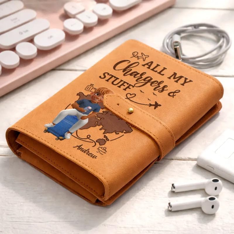 Personalized Leather Cable Bag - Travel Tech Organizer for Charging Cords, Electronics Accessories Storage Pouch for Travel Office Use, Flight Essentials Ideal for Travelers - All My Charging Stuff - Image 2