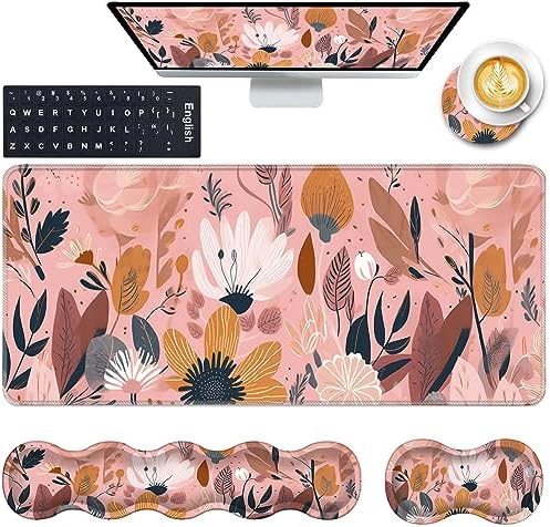 Keyboard Wrist Rest and Mouse Pad with Wrist Support Set Ergonomic Coaster,Memory Foam,Easy Typing Pain Relief,Large XL Desk Mat 31.5"x 11.8",Pink Floral by CICPLKSE