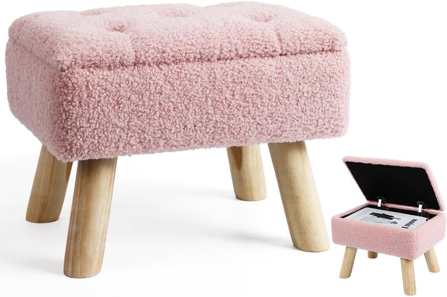 OGEMXU Storage Ottoman, Small Foot Stool Ottoman with Storage, Boucle Teddy Velvet Foot Rest with Padded Seat, Sturdy Wood Legs Stool for Living Room, Bedroom, Couch, Enterway (Pink) by OGEMXU
