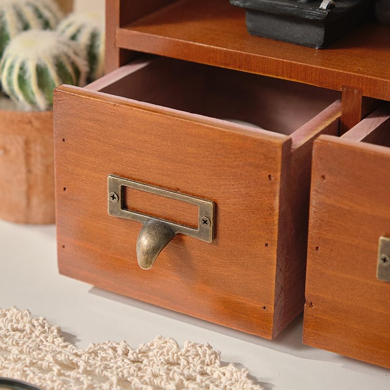 Wood Desktop Organizer with 3 Drawers, Desk Drawer Cabinet with Top Shelf Tabletop Desk Storage Drawers Vintage Supplies Organizer Brown for Bedroom Living Room Office - Image 5