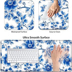 Large Gaming Mouse Pad+ Keyboard Wrist Rest Set, Ergonomics Memory Foam Mouse Mat Wrist Rest Support for Home Office, Waterproof Extended Mousepad 31.5x11.8in, Blue Flowers White Desk Pad - Image 2