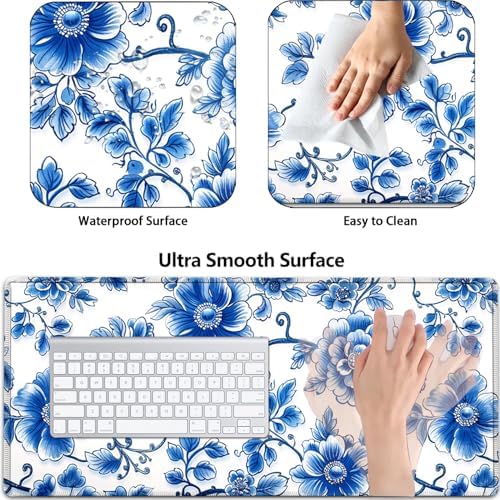 Large Gaming Mouse Pad+ Keyboard Wrist Rest Set, Ergonomics Memory Foam Mouse Mat Wrist Rest Support for Home Office, Waterproof Extended Mousepad 31.5x11.8in, Blue Flowers White Desk Pad - Image 2