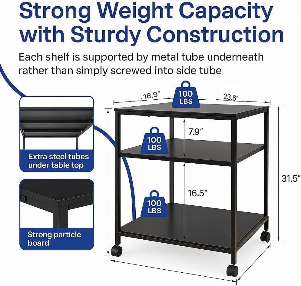 Heavy Duty 3-Tier Printer Stand with Locking Wheels, 23.6"x18.9" *31.5" Large Printer Table Shelf, Holds 100 lbs per Shelf - Fits Most 60" Desks, Perfect for Office, Home, Laser Printer or Mini Fridge - Image 2