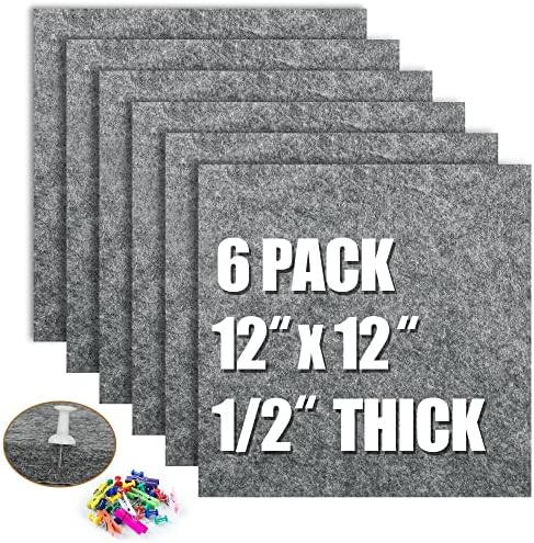 AKTOP Cork Bulletin Board 12x12, 1/2" Thick Felt Cork Board Tiles 6 Pack, Small Square Pin Board for Wall, Self Adhesive Corkboards with 60 Push Pin Wood Clips for School, Home & Office, Grey by Buynow