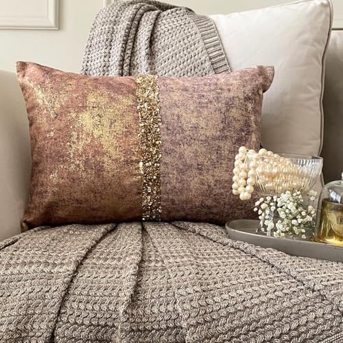 Pack of 2 Decorative Oblong Pillow Cover Rust & Gold, 12"x18" (30x45 cm) Velvet Gold Foil, Sequins Embroidered, Handmade Cushion Covers For Sofa, Couch, Abstract Modern - Shimmering Corrosion - Image 2