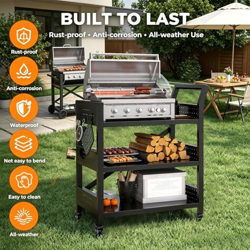3-Tier Outdoor Grill Cart Table, Heavy-Duty Steel Mobile Pizza Oven Table with Pegboard Lockable Wheels and Ergonomic Handle Multifunctional Organizer Station for Backyard BBQ Camping Tailgate Cooking - Image 2
