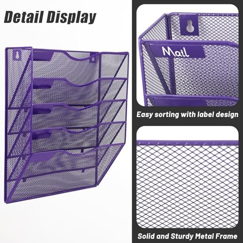 EASEPRES 5 Pocket Mesh Hanging Wall File Organizer, Wall Mounted Mail Paper Document Folder Holder, Clipboard Storage Organization Magazine Rack with Nametag Label for Office Home School, Purple - Image 4