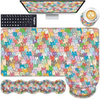 Mouse Pad,Large Pink Desk Mat, 4in1 XXL Mousepad + Keyboard Wrist Rest+Mouse Wrist Rest+Coaster Set with Ergonomic Desk Pad for Home Office Table Computer-Colorful Cats by CICPLKSE