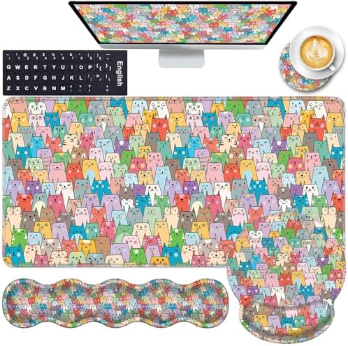 Mouse Pad,Large Pink Desk Mat, 4in1 XXL Mousepad + Keyboard Wrist Rest+Mouse Wrist Rest+Coaster Set with Ergonomic Desk Pad for Home Office Table Computer-Colorful Cats by CICPLKSE