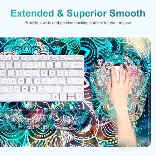 Large Mouse Pad with Wrist Support 4 in1 Set, XXL Big Game Mousepad + Keyboard Wrist Rest+Mouse Wrist Rest+Coaster Ergonomic Gaming Mat for Home Office Table Computer I Nice Green Mandala - Image 4