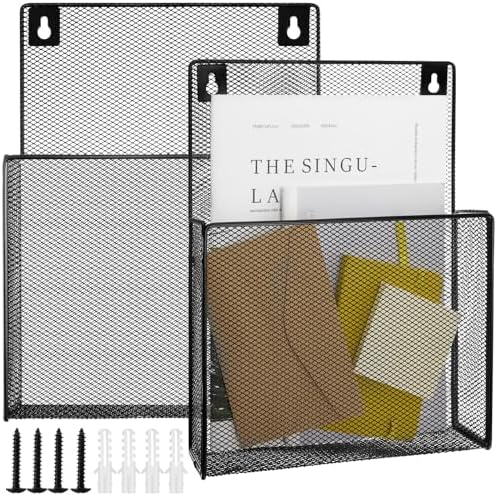AmazingSpark 2 Pcs 12 Inch Metal Wall Magazine Holder High Pocket Mesh Hanging File Organizer Wall Mounted Storage Rack with Screws for Magazines Documents File for Office Home Organization(2.4 Inch) by Unknown