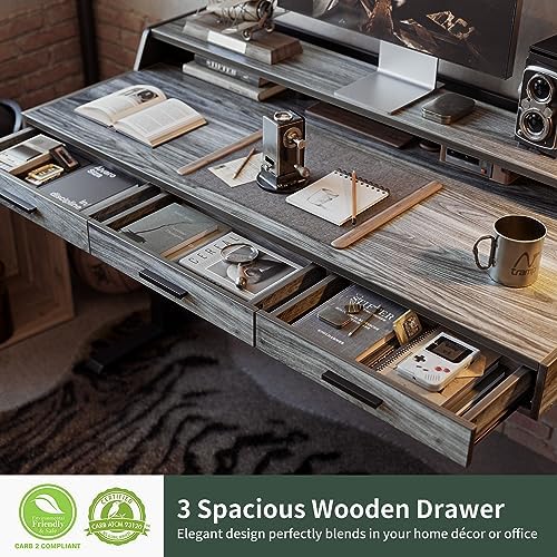 CubiCubi One-Piece Standing Desk 55x26 with 3 Wood Drawers, Antique Grey - Image 4