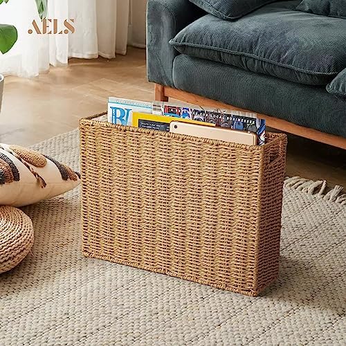 AELS Woven Natural Fibre Magazine Holder, Magazine Rack Floor, Hand-woven Magazine Organizer, Natural Paper Rope Magazine Basket with Handles, Boho Modern Farmhouse Book Basket, Newspaper Holder - Image 3