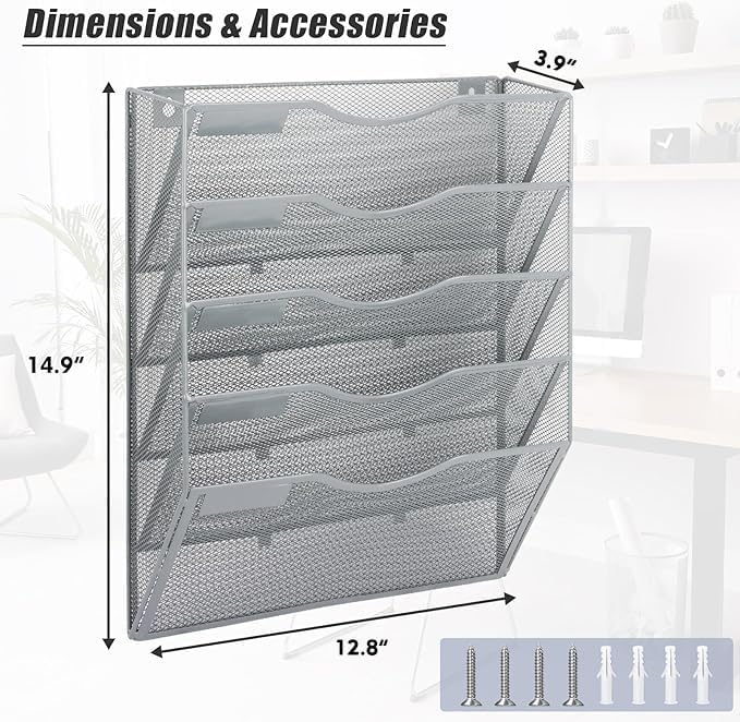 EASEPRES 5 Pocket Mesh Hanging Wall File Organizer, Wall Mounted Mail Paper Document Folder Holder, Clipboard Storage Organization Magazine Rack with Nametag Label for Office Home School, Gray - Image 4