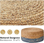Cpintltr Foot Stool Natural Seagrass Hand Weave Poufs Round Ottoman for Couch Desk Soft Step Stool Padded Foot Rest with Non-Skid Pine Legs for Hallway Office Lounge Natural/Blue - Image 6