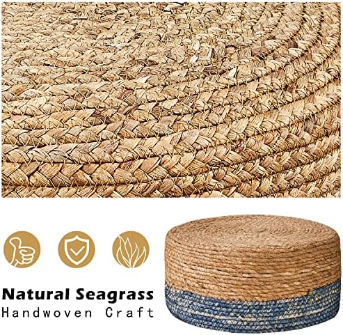 Cpintltr Foot Stool Natural Seagrass Hand Weave Poufs Round Ottoman for Couch Desk Soft Step Stool Padded Foot Rest with Non-Skid Pine Legs for Hallway Office Lounge Natural/Blue - Image 6