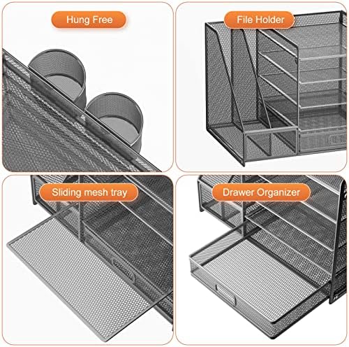 Marbrasse 5-Tier Paper Letter Tray Organizer with Drawer and Pen Holder, Mesh Desktop Organizer and Storage with Magazine Holder for Office Supplies (Grey) - Image 4