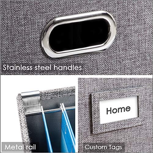 PRANDOM File Organizer Box - Set of 4 Collapsible Decorative Linen Filing Storage Hanging File Folders with Lids Office Cabinet Letter Size Grey (14x9.3x10.8 inch) - Image 6