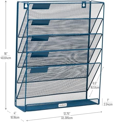 Mind Reader 5-Pocket Vertical File Storage, Desktop Organizer, Wall Mount, Office, Metal Mesh, Turquoise - Image 3