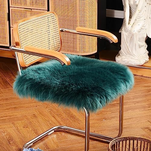 LLB Sheepskin Chair Covers Office Chair Cushion Dining Room Chair Pads Desk Chair Seat Cushion for Computer Chair Fur Area Rugs for Living Room 18x18 Inch (Pack of 1), Peacock Blue - Image 2