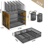 DAOUTIME 4-Tier Mesh Desk Organizer, Wooden Desk File Organizer with 5 Vertical File Holders and 2 Pen Holders, Desktop Organizers and Accessories with Drawer for Home Office - Image 6
