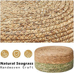 Cpintltr Ottoman Natural Seagrass Footrest Poufs Hand Weave Round Foot Stool for Couch Desk Soft Step Stool Padded Foot Rest with Pine Legs for Living Room Bedroom Natural/Green - Image 6
