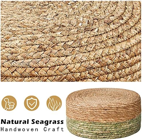 Cpintltr Ottoman Natural Seagrass Footrest Poufs Hand Weave Round Foot Stool for Couch Desk Soft Step Stool Padded Foot Rest with Pine Legs for Living Room Bedroom Natural/Green - Image 6