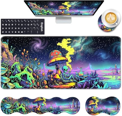 Keyboard Wrist Rest and Mouse Pad with Wrist Support Set Ergonomic Coaster,Memory Foam,Easy Typing Pain Relief,Large XL Desk Mat 31.5"x 11.8",Alien by Psychedelic Mushroom by CICPLKSE
