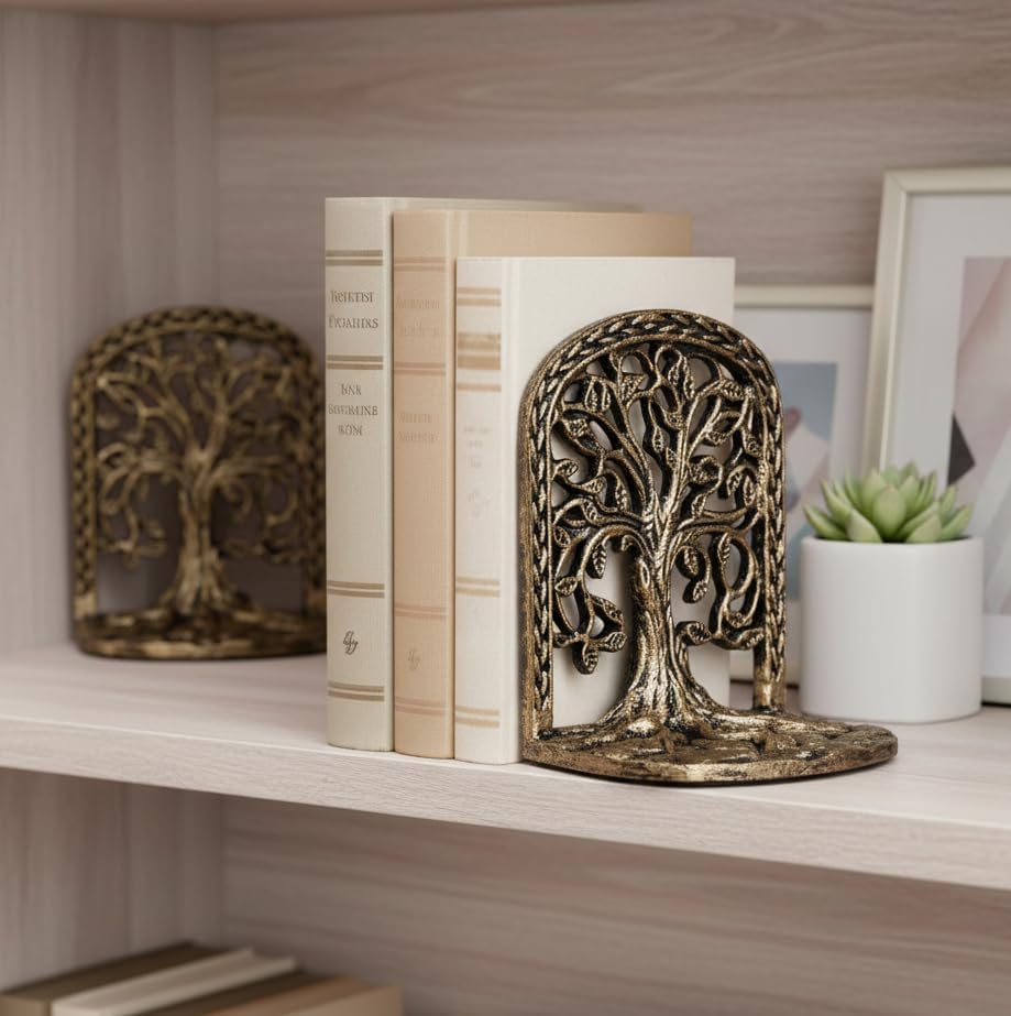 Tree of Life Bookends Set Heavy Duty Metal Book Ends for Shelves | Antique Brass Iron Decorative Bookend Pair for Home, Office, Library or Study | Elegant Vintage Style Book Holder Décor - Image 2