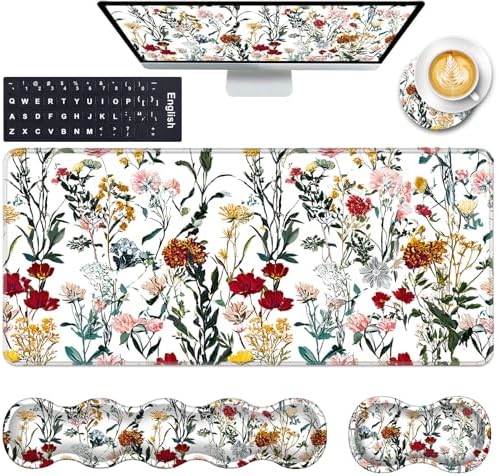 Keyboard Wrist Rest and Mouse Pad with Wrist Support Set Ergonomic Coaster,Memory Foam,Easy Typing Pain Relief,Large XL Desk Mat 31.5"x 11.8",Beautiful Floral by CICPLKSE