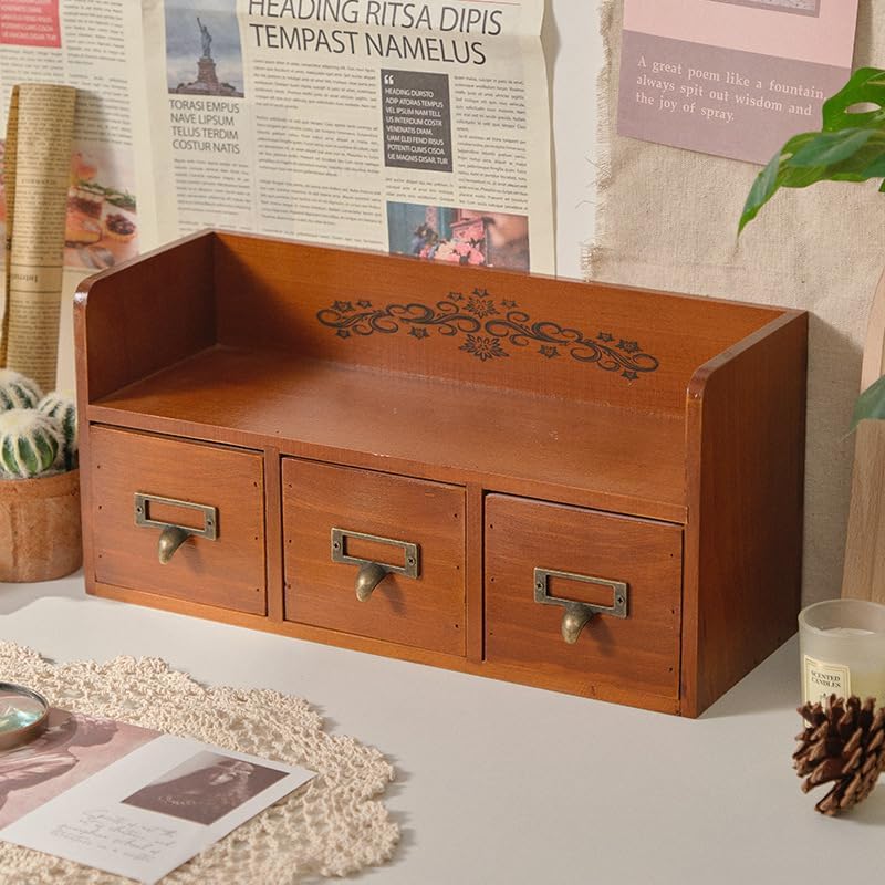 Wood Desktop Organizer with 3 Drawers, Desk Drawer Cabinet with Top Shelf Tabletop Desk Storage Drawers Vintage Supplies Organizer Brown for Bedroom Living Room Office - Image 4