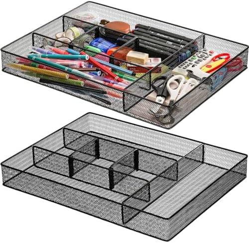 Hiceeden 2 Pack Mesh Desk Drawer Organizer, 16.1"x12.2"x2" Large Desk Organizer Tray with 2 Removable Dividers, 6 Compartment Metal Organizers for Home, Office, Makeup & Vanity by Hiceeden