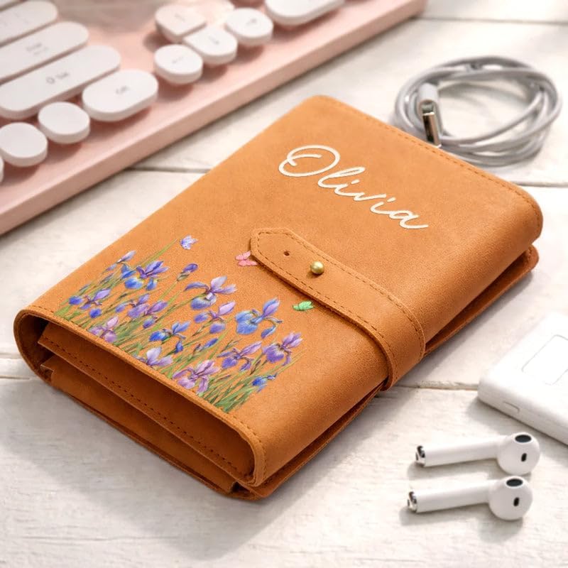 Personalized Leather Cable Bag - Floral Tech Organizer with Custom Name, Travel Cable Storage Pouch for Electronics Accessories, Flight Essentials Ideal for Travelers - Birth Month Flower Watercolor - Image 2