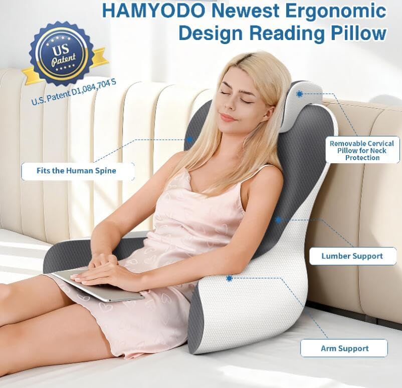 22" XL Reading Pillow Sitting in Bed,Back Support & Armrests(Grey & White) - Image 2