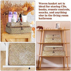 Didaey Set of 4 Seagrass Basket with Lid Wicker Storage Basket Decorative Storage Boxes with Lids Flat Storage Bins Woven Organizer Baskets for Shelf Closet Bedroom, 4 Sizes (White) - Image 6