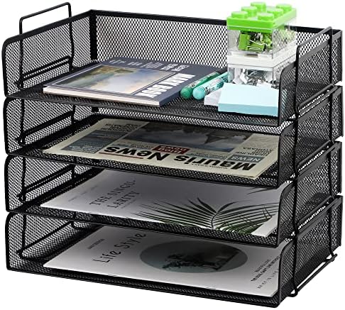 EASEPRES 4 Pack Stackable Desk Paper Tray, Metal Mesh Desktop Document Letter File Organizer for Office Home School, 13.5'' L x 9.75'' W x 11'' H, Black by EASEPRES