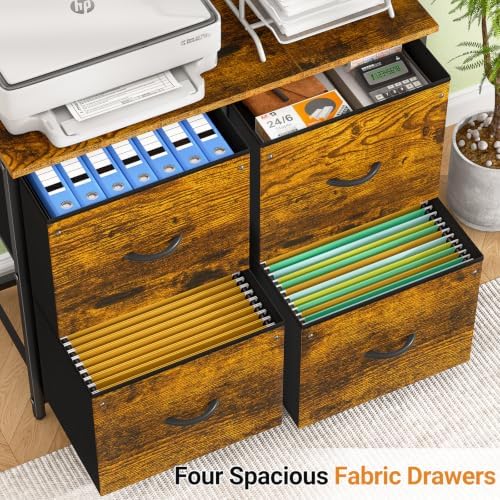 ThreeHio File Cabinet with 4 Fabric Drawers, Lateral Filing Cabinets for Home Office, Large Printer Stand with Storage Shelf, Office Storage File Organizer Hanging Letter/A4 Size Folders, Rustic Brown - Image 4