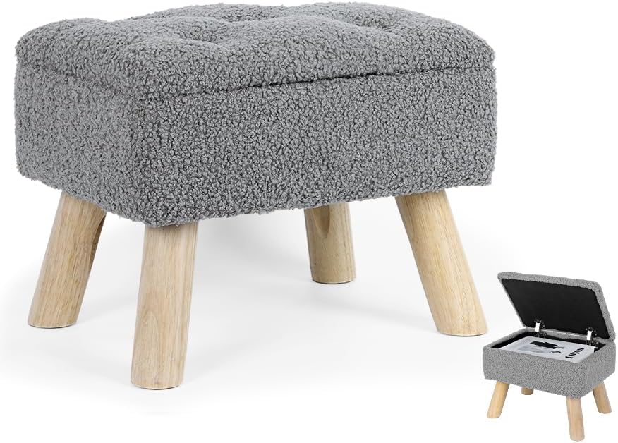 OGEMXU Storage Ottoman, Small Storage Ottoman Foot Stool with Wood Legs, Teddy Velvet Rectangular Foot Rest for Chair, Soft Sponge White Footstool for Living Room, Couch, Bedroom, Dorm (Grizzly) by OGEMXU