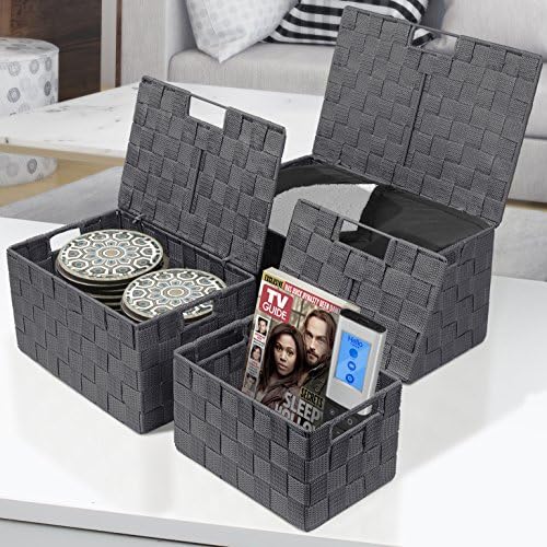 Sorbus Storage Basket with Lid, 3-Piece Woven Set for Shelves (Gray) - Image 2