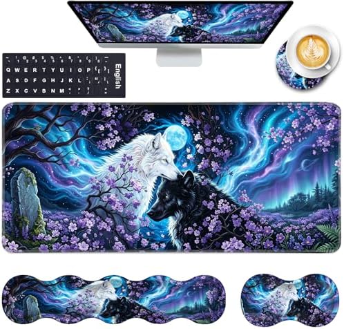 Keyboard Wrist Rest and Mouse Pad with Wrist Support Set Ergonomic Coaster,Memory Foam,Easy Typing Pain Relief,Large XL Desk Mat 31.5"x 11.8",Wolf Moon by CICPLKSE