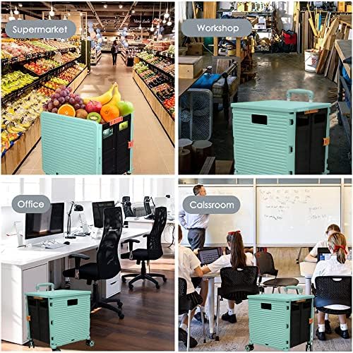 Foldable Utility Cart Portable Collapsible Crate Rolling Carts with Wheels Rolling Tote Basket Teacher Cart with Lid Wear-Resistant 360°Rotate Wheel Noiseless for Shopping Storage Office Use - Image 4