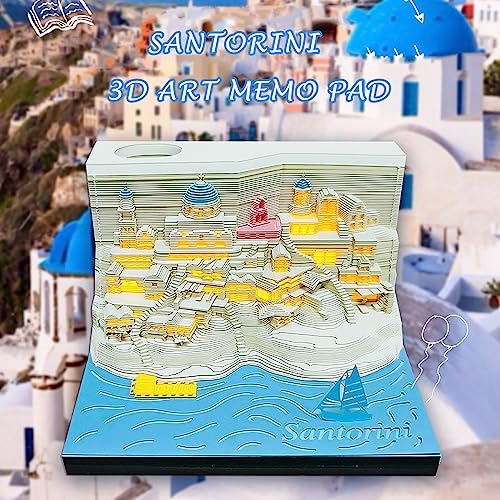 Aegean-Santorini Memo Pad 3D with Light,Kawaii Memo Pad Non-Stick 3D Sticky Notes,3D Art Craft Note Pad Notepad with Pen Holder Silhouette DIY Creative Gift - Image 2