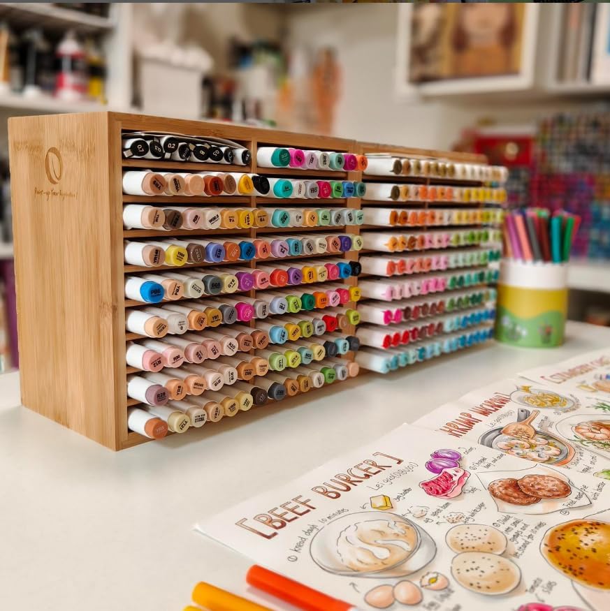 Ohuhu Bamboo Marker Organizer, Wooden Desktop Storage Holds 126 Markers - Image 6