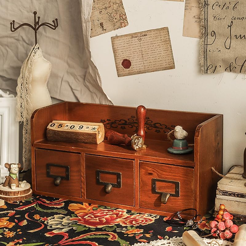 Wood Desktop Organizer with 3 Drawers, Tabletop Desk Storage Drawers, Desk Drawer Cabinet with Top Shelf, Vintage Supplies Organizer Brown for Bedroom Living Room Office by Unknown