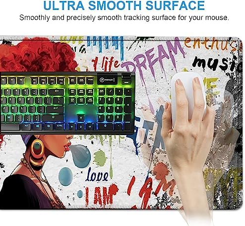 African Black Woman Graffiti Girls Desk Mat, Extended White Laptop Table Protector, Ergonomic Mouse Pad with Keyboard Wrist Rest Support - Image 5
