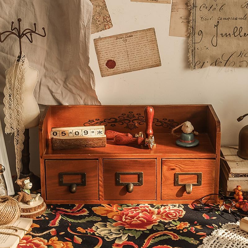 Wood Desktop Organizer with 3 Drawers, Desk Drawer Cabinet with Top Shelf Tabletop Desk Storage Drawers Vintage Supplies Organizer Brown for Bedroom Living Room Office - Image 2